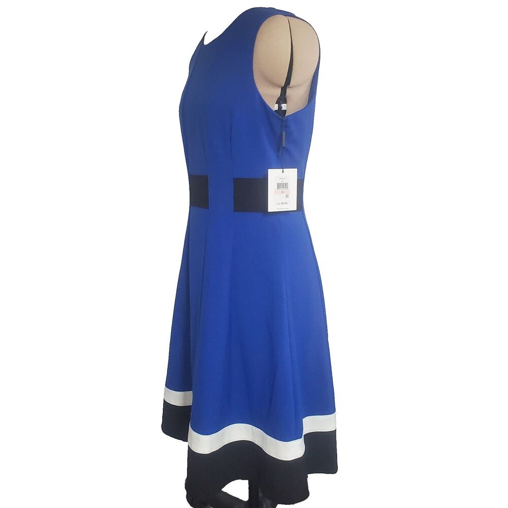 NWT Calvin Klein Women’s Dress Size 10 Blue Color Block Fit Flare Knee Length